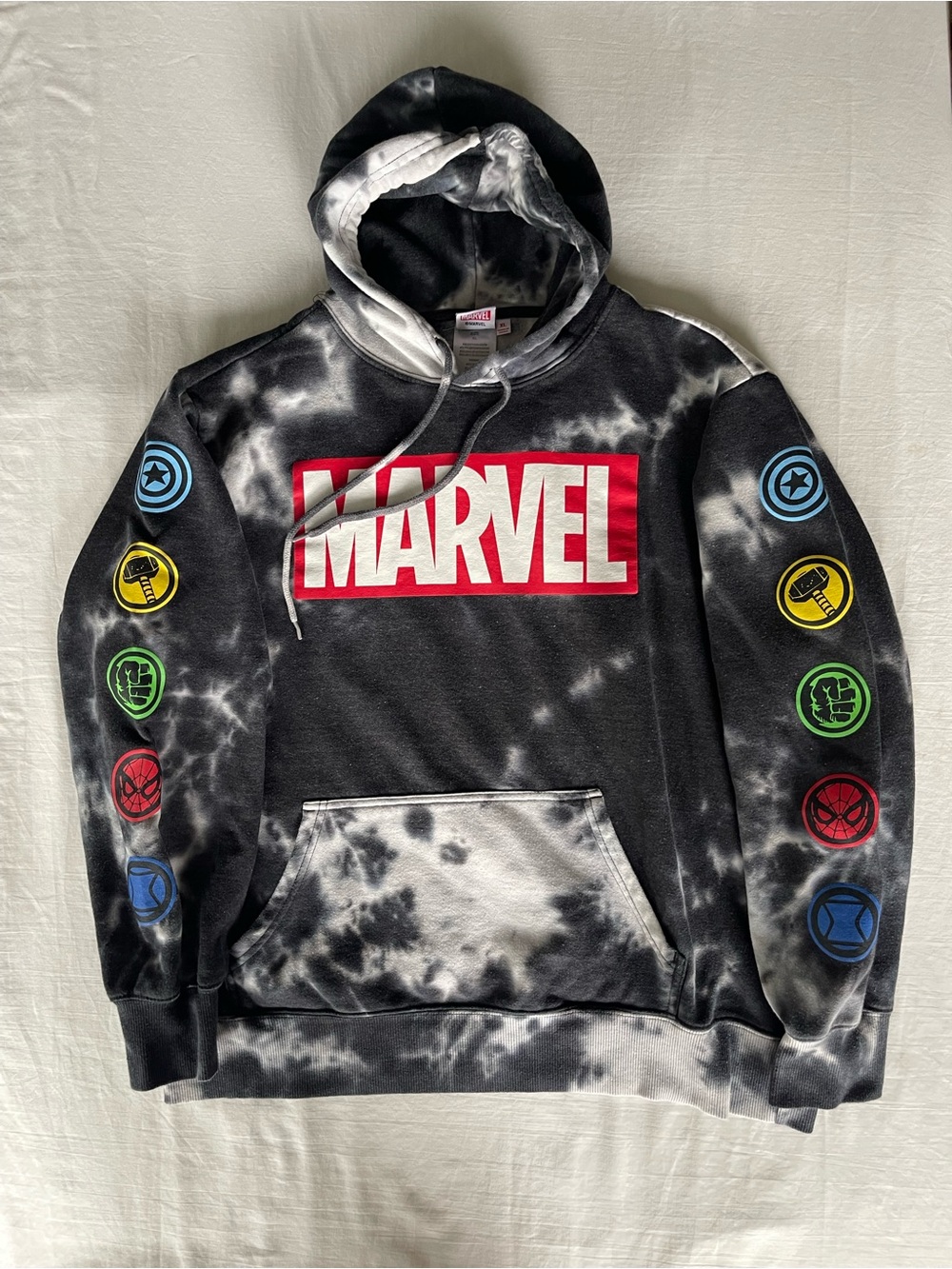 Marvel Black & White Tie-Dye Hoodie with Red Logo and Multicolor Sleeve Icons